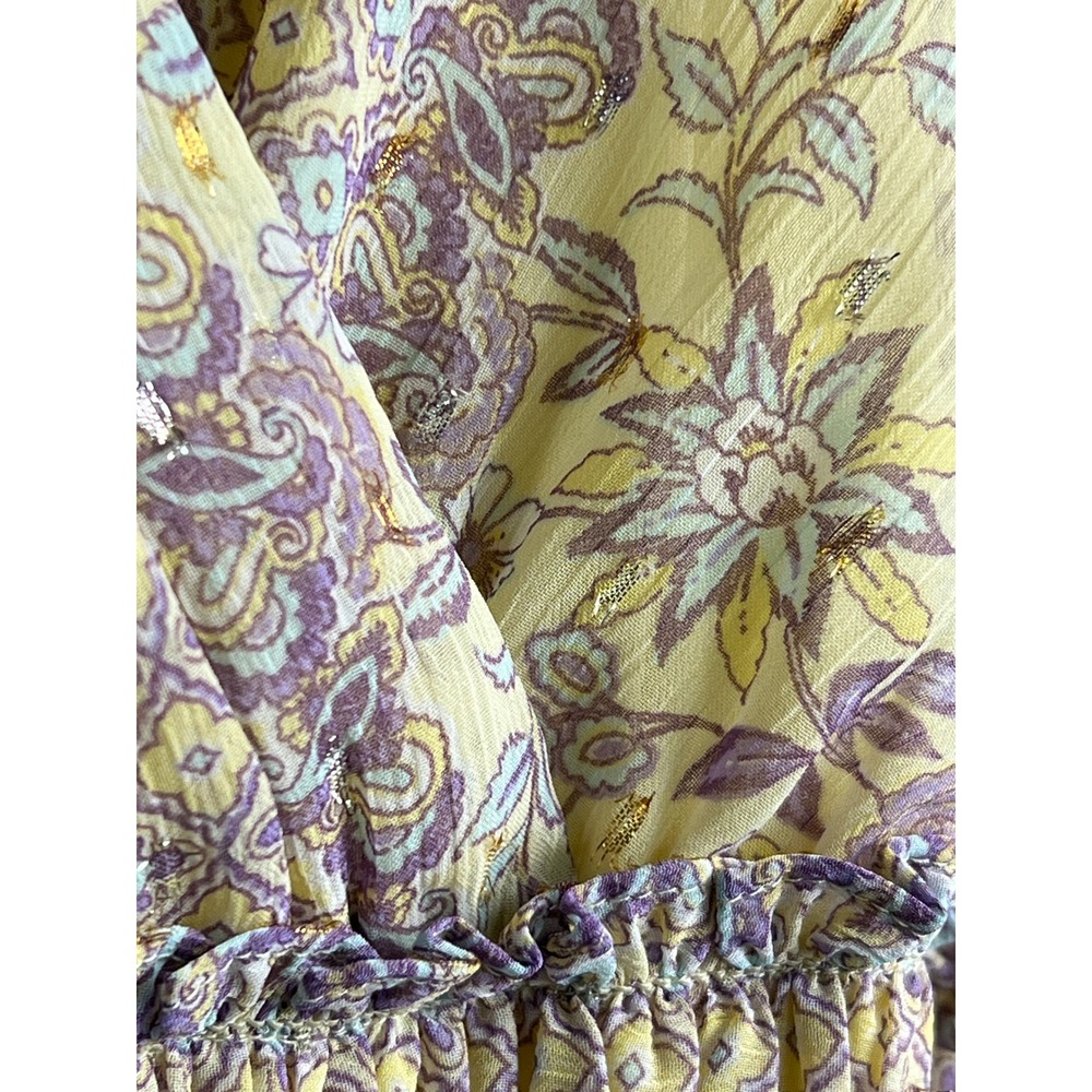 Taylor Yellow Lavender Spring Floral Babydoll Smocked Waist Tiered Maxi Dress L
